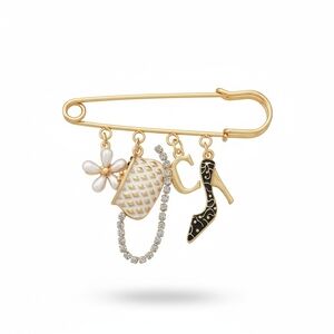 Gold Charm Safety Pin Brooch with Black & White Enamel Charms